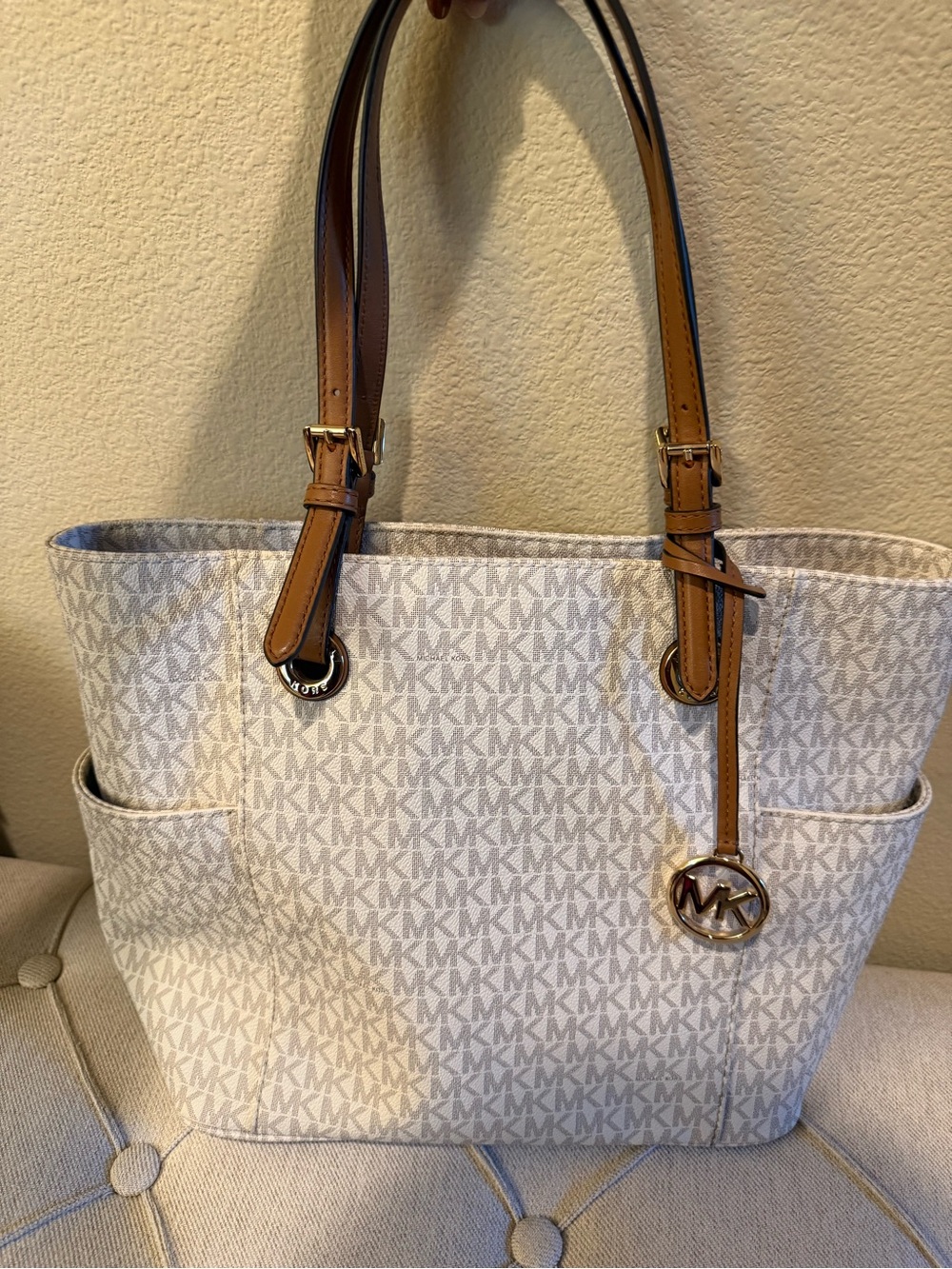 Michael Kors Cream Monogram Tote with Brown Leather Straps